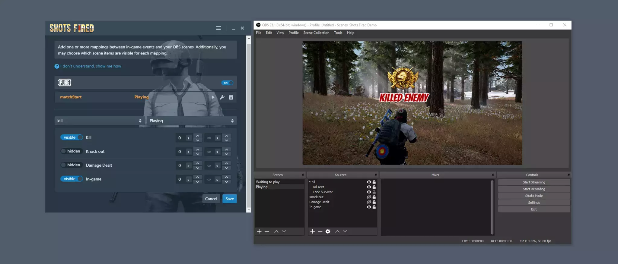 A screenshot of Shots Fired (v1.) shown next to OBS